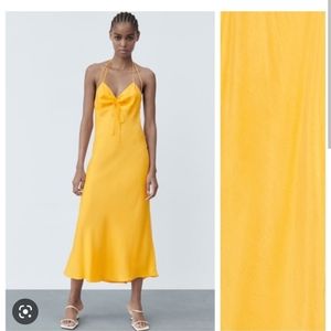 Zara Yellow Midi Slip Dress with Tie Front